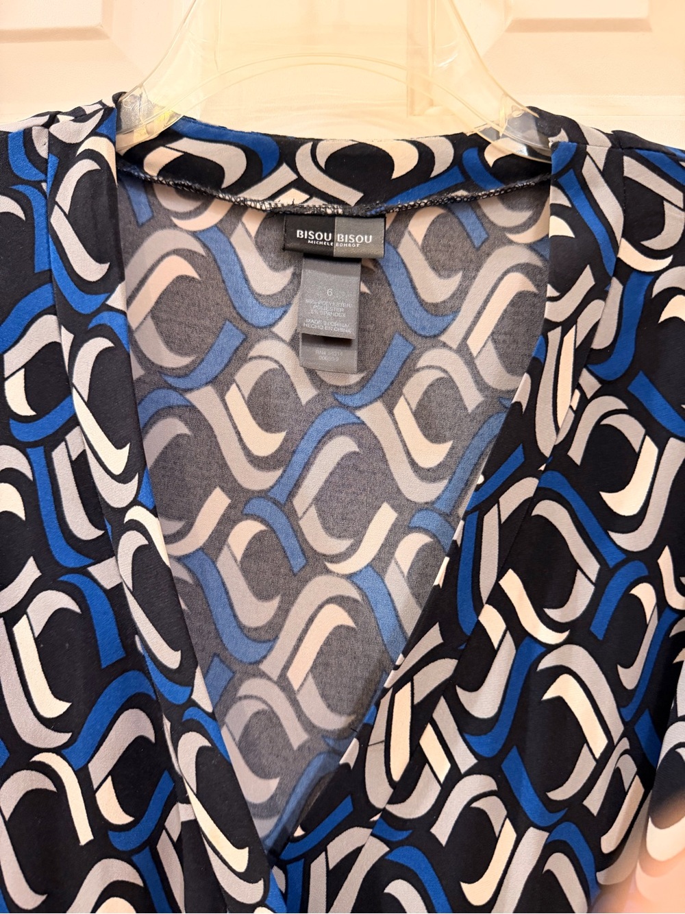 Bisou Bisou Knit Wrap Dress, Black Blue White, Long Sleeve, Tie at Waist, Sz 4 - Picture 4 of 16